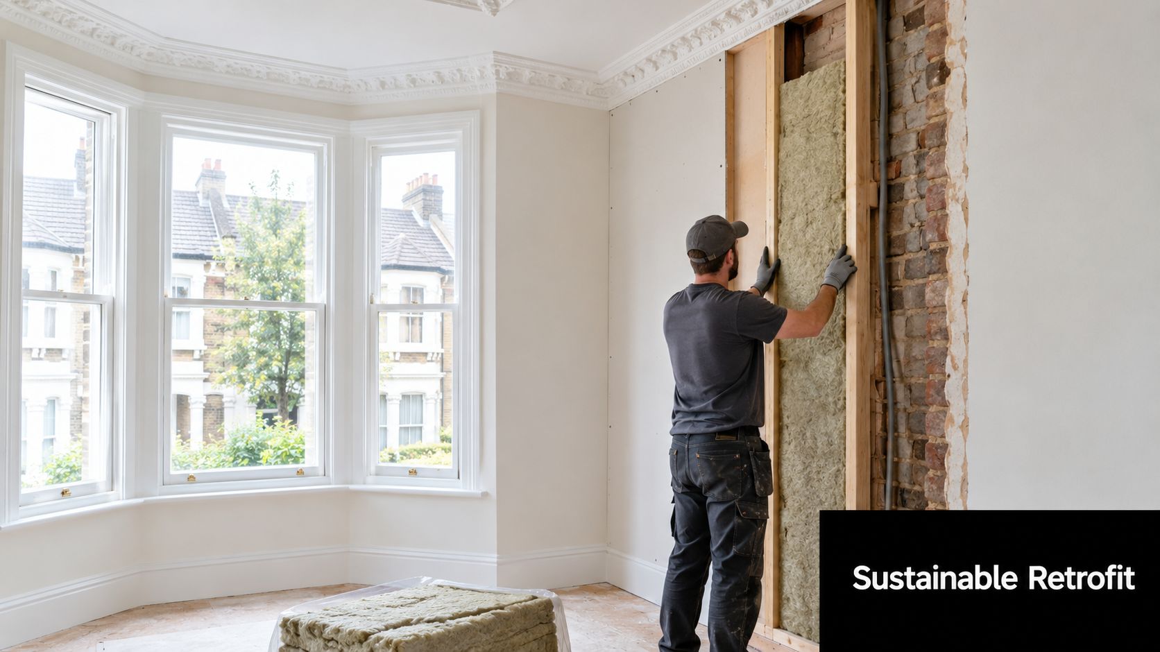 A professional construction worker installing insulation material into an interior wall frame during a building renovation project.