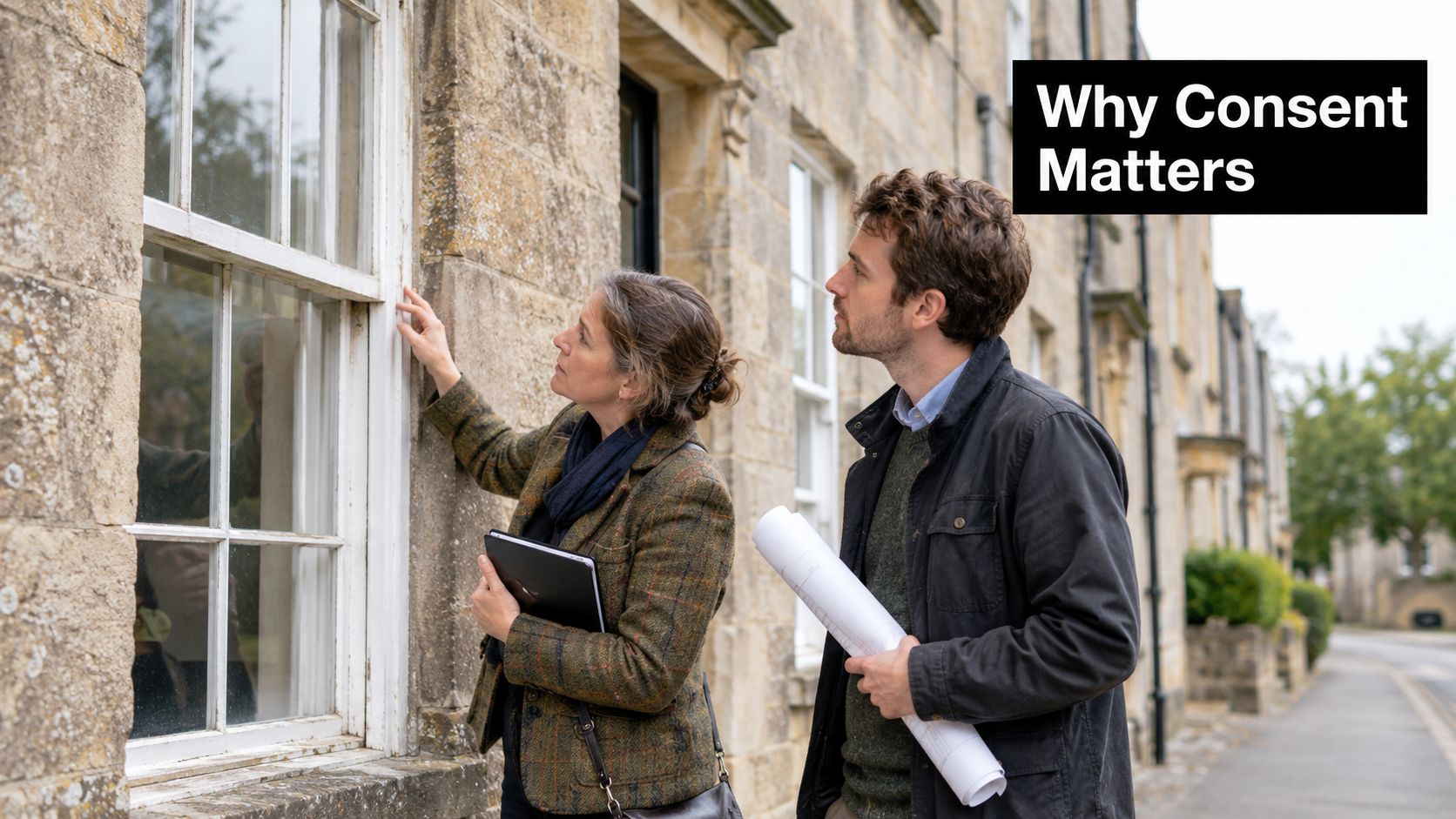 A professional man and woman examining the exterior windows of a historic stone building outdoors.