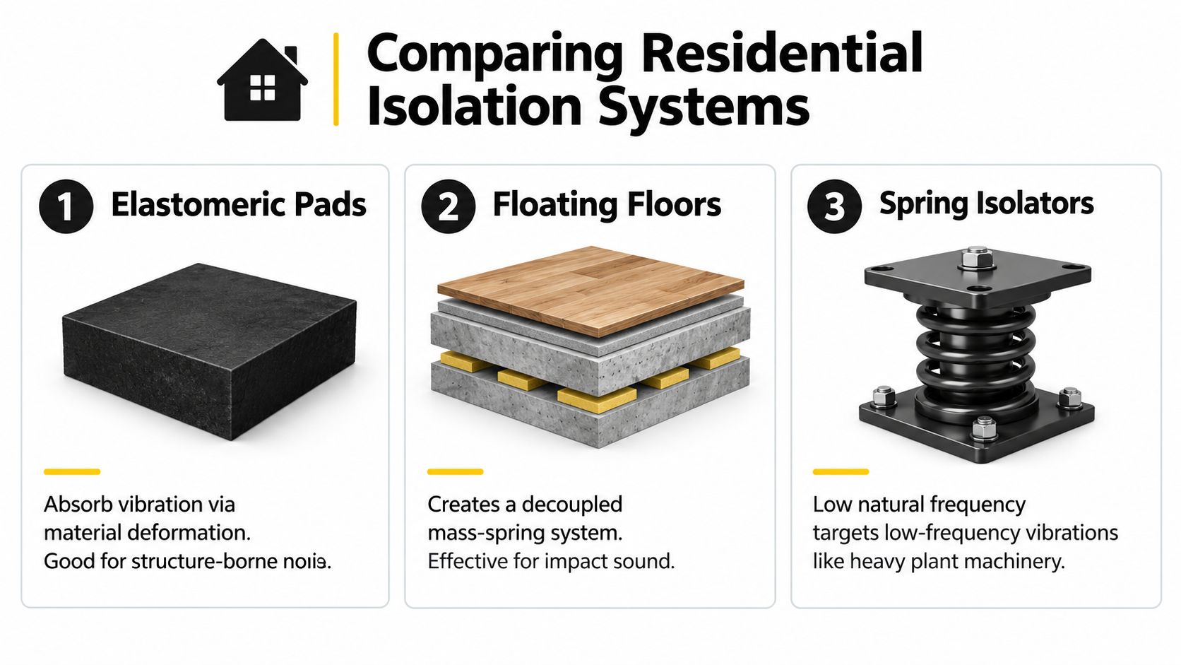A diagram comparing three residential vibration isolation systems: elastomeric pads, floating floors, and spring isolators for noise control.