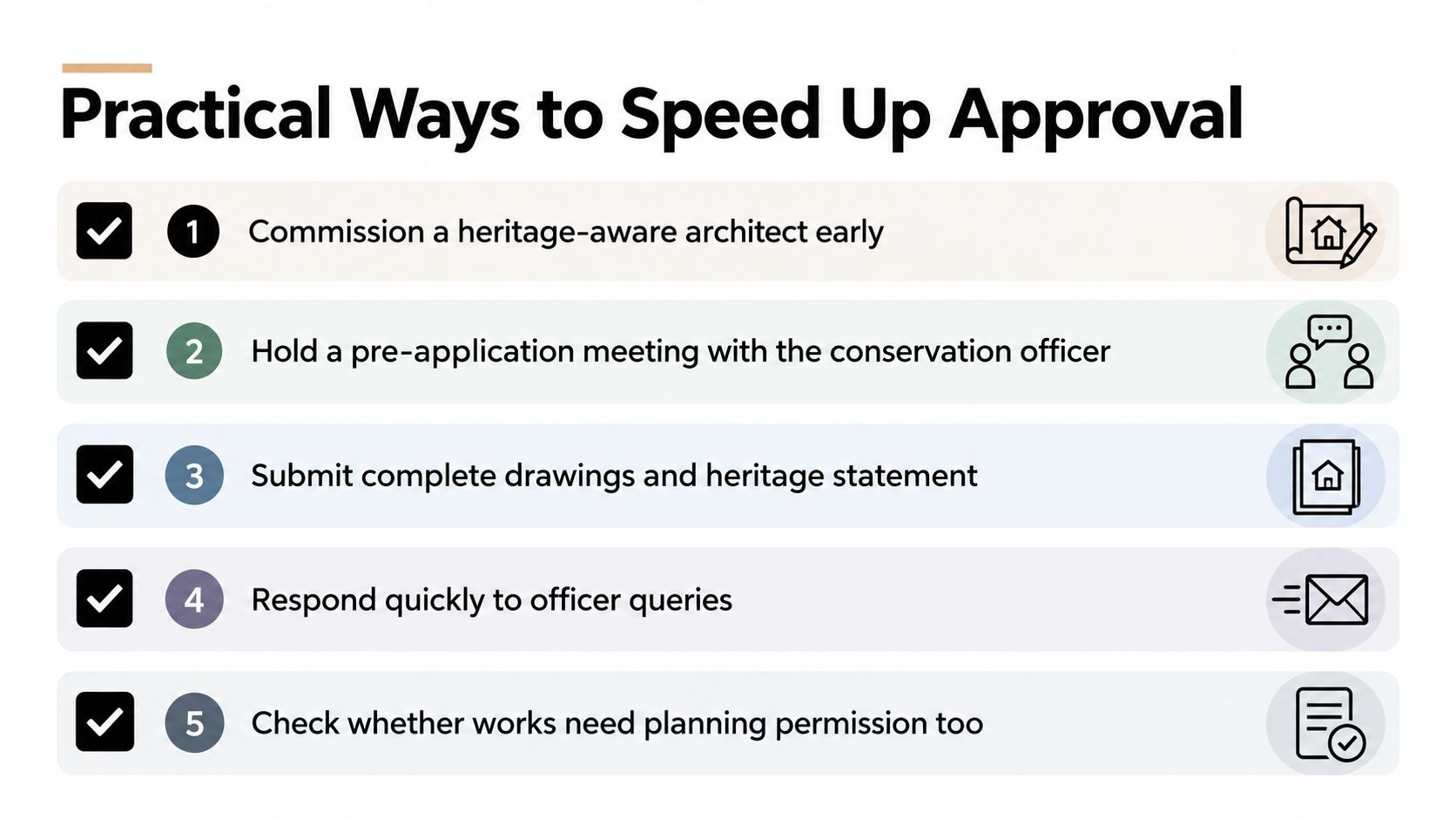 A list of five practical tips for speeding up heritage building planning and consent approval processes.