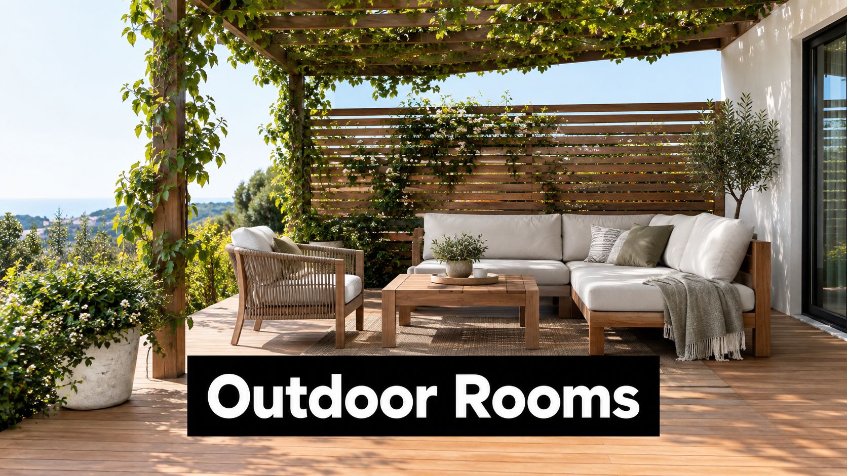 A modern outdoor terrace garden with comfortable seating, wooden furniture, and a pergola under a blue sky.
