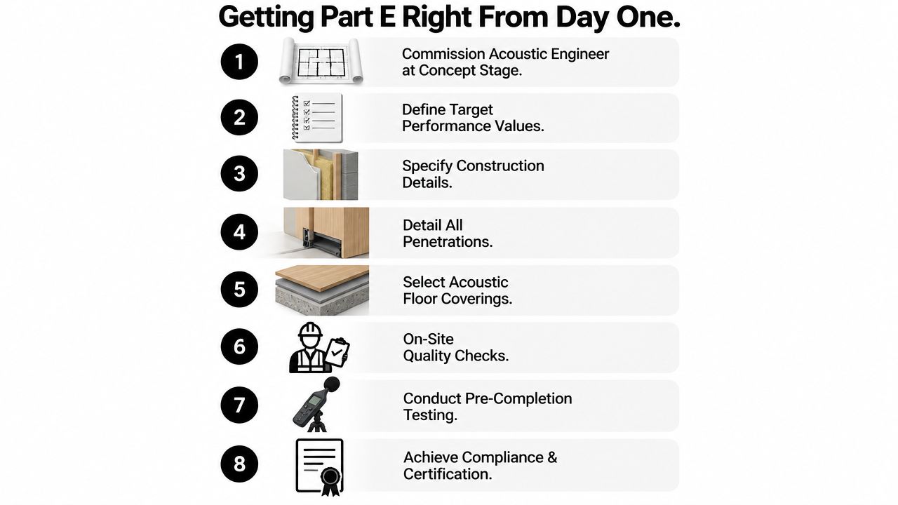 An infographic titled Getting Part E Right From Day One featuring eight steps for building acoustic compliance.