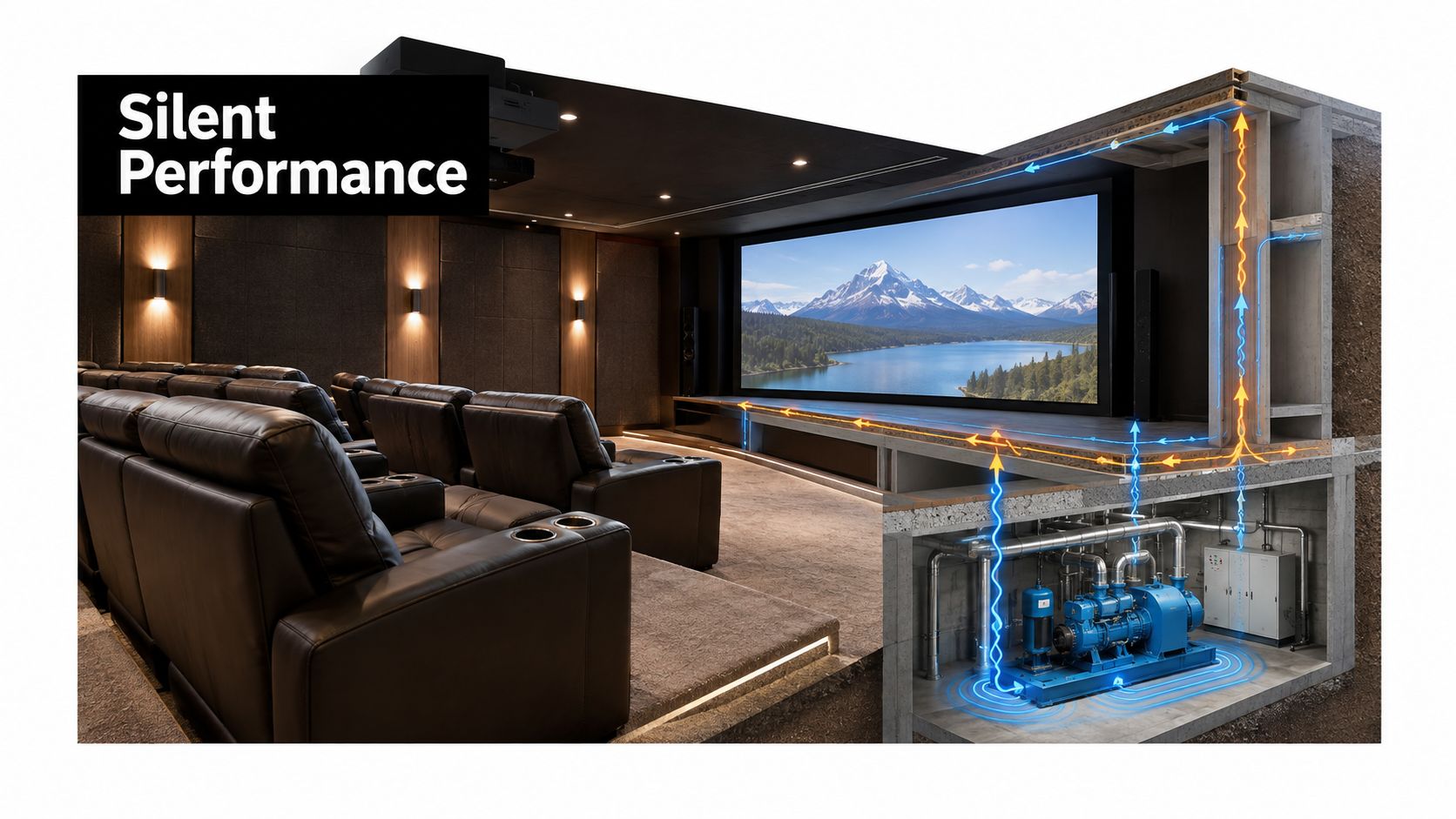 A cutaway view of a home theater featuring a vibration isolation system underneath the floor structure.
