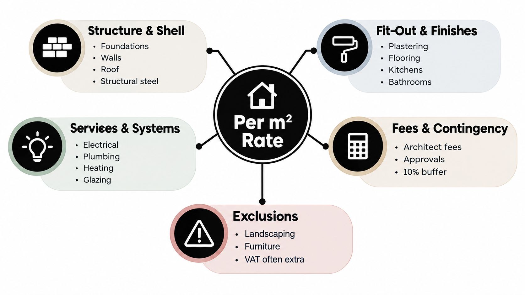 A diagram outlining the various cost components included in a per square meter construction rate for home extensions.