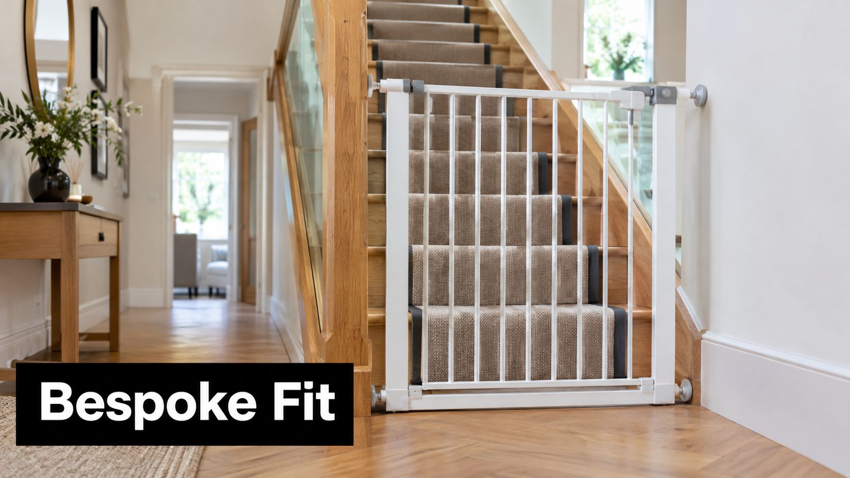 A custom-fitted white safety gate installed at the bottom of a wooden staircase in a modern home.