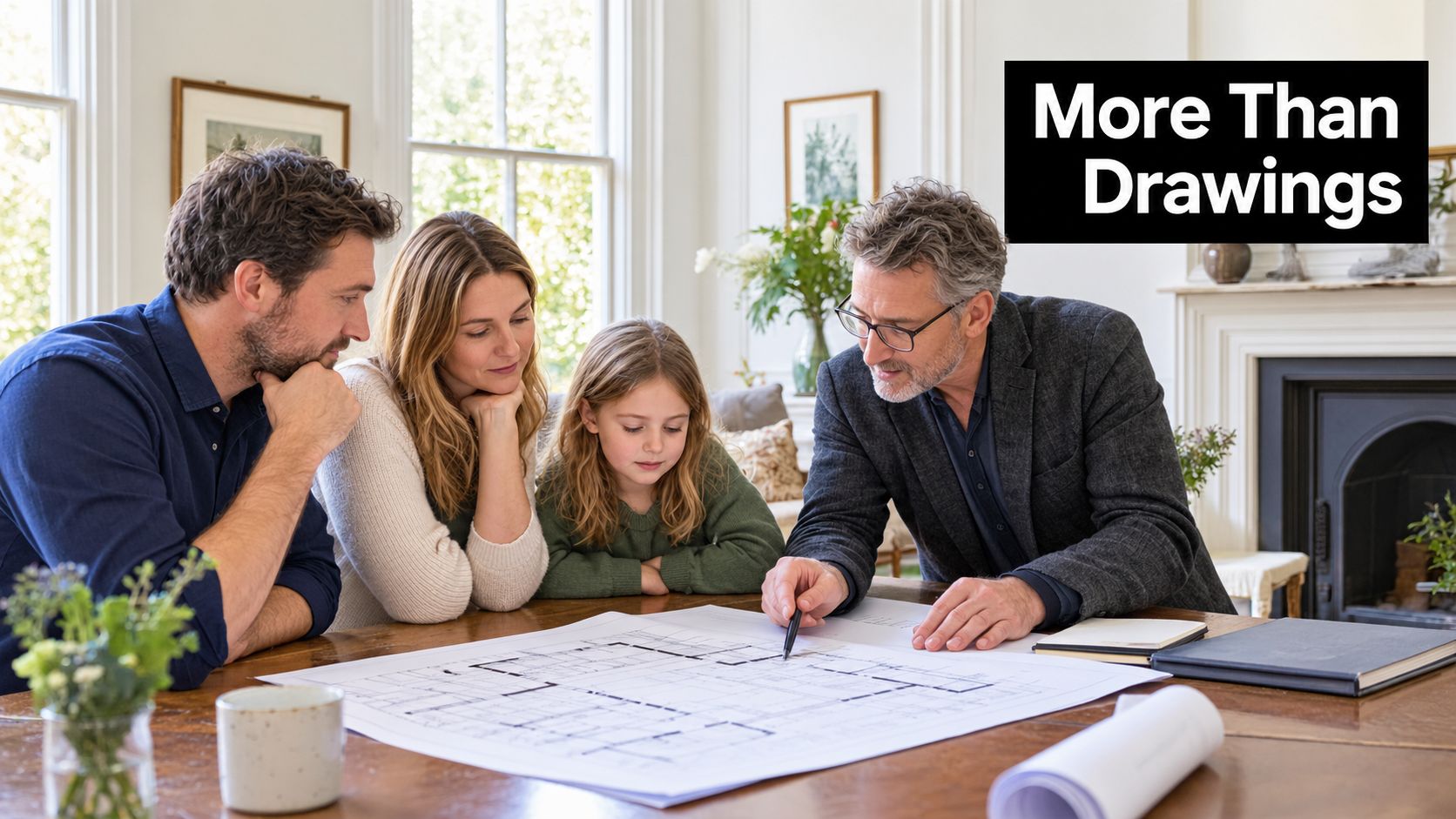 A family of three reviews home architectural blueprints with a professional architect at a large wooden table.
