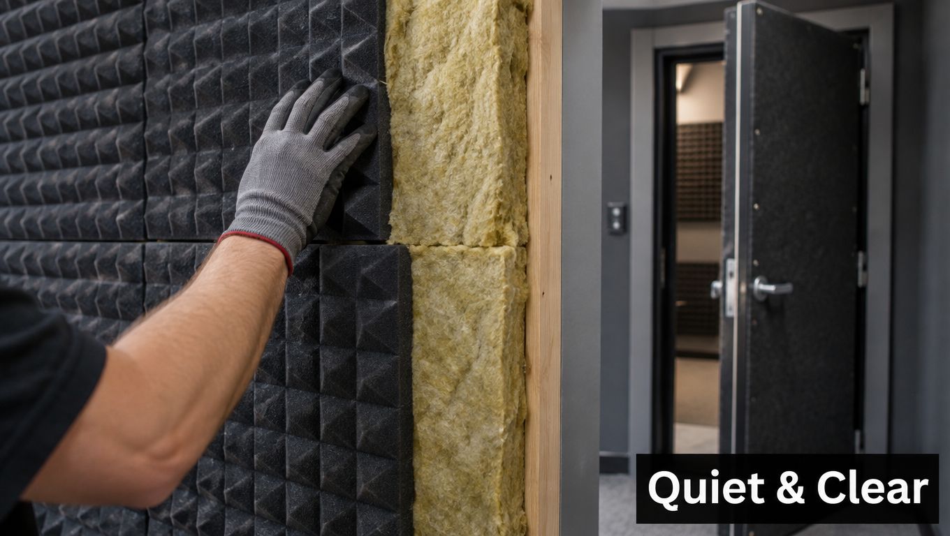 A person installing acoustic foam panels and insulation material on a wall to build a home cinema.