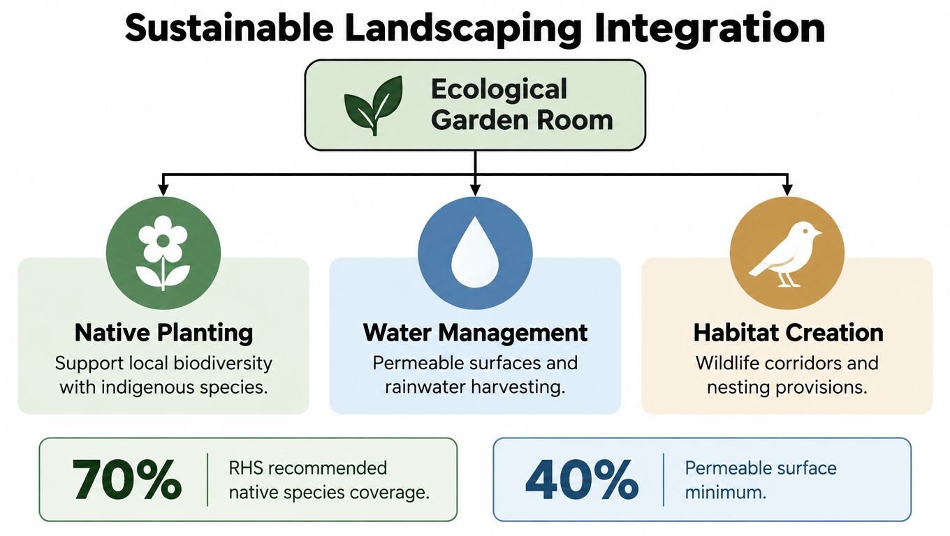 A diagram illustrating sustainable landscaping integration with focus on native planting, water management, and habitat creation.