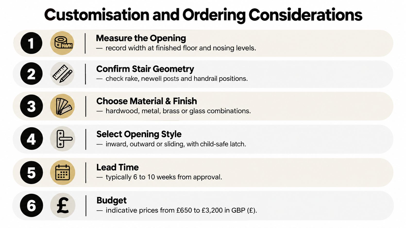 A numbered list detailing six important considerations for customising and ordering bespoke stair gates for homes.