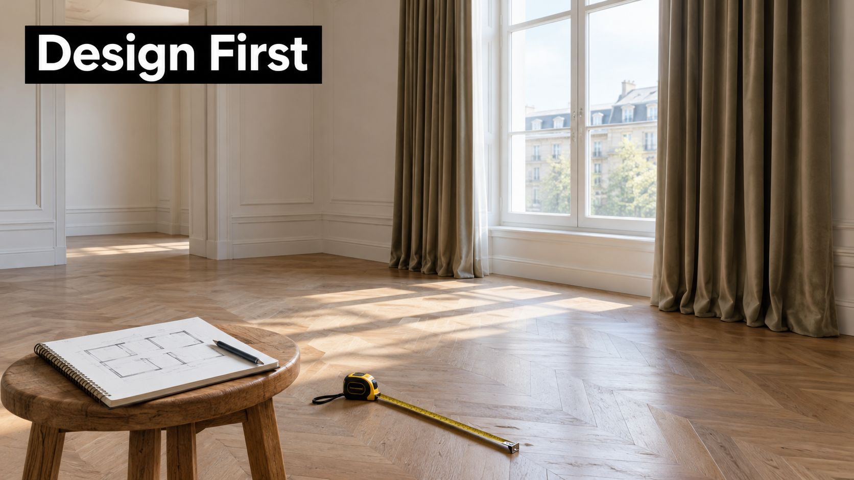 A wooden stool with a house blueprint and measuring tape in a sunlit, unfurnished room.