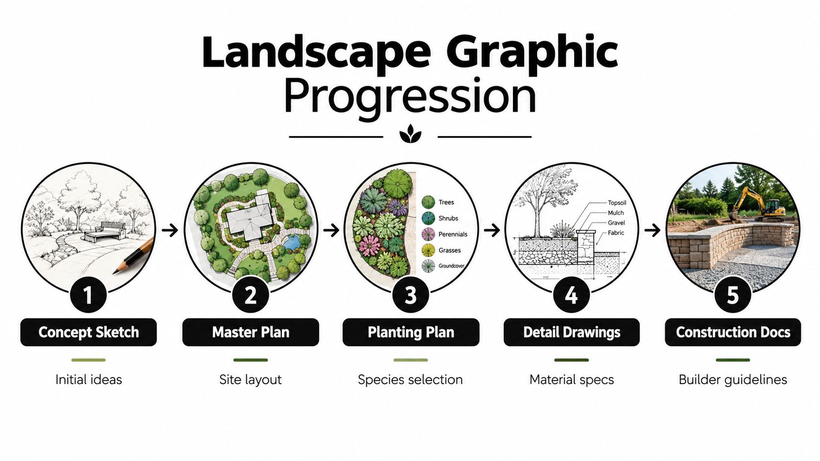 An infographic illustrating the five-step landscape architecture design process from concept sketches to final construction documentation.