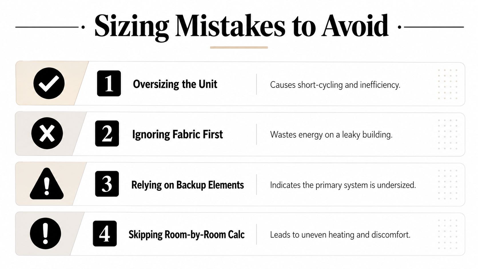An infographic listing four common HVAC sizing mistakes to avoid, including oversizing and skipping calculations.