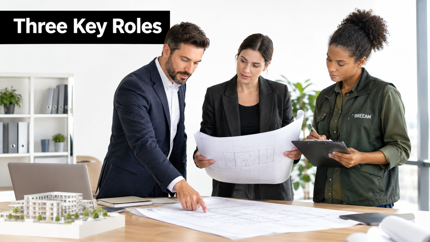 A diverse group of professionals reviewing architectural blueprints and site plans together in a modern office space.