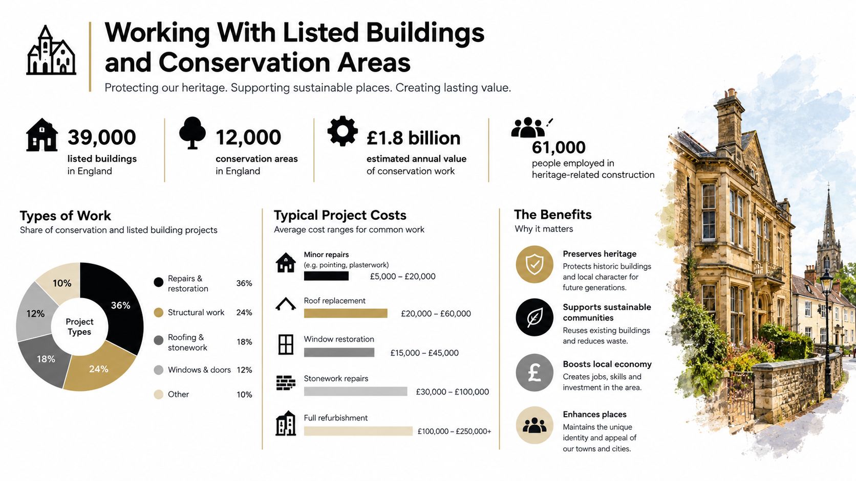 An infographic detailing statistics, project costs, and benefits of working with listed buildings and conservation areas.
