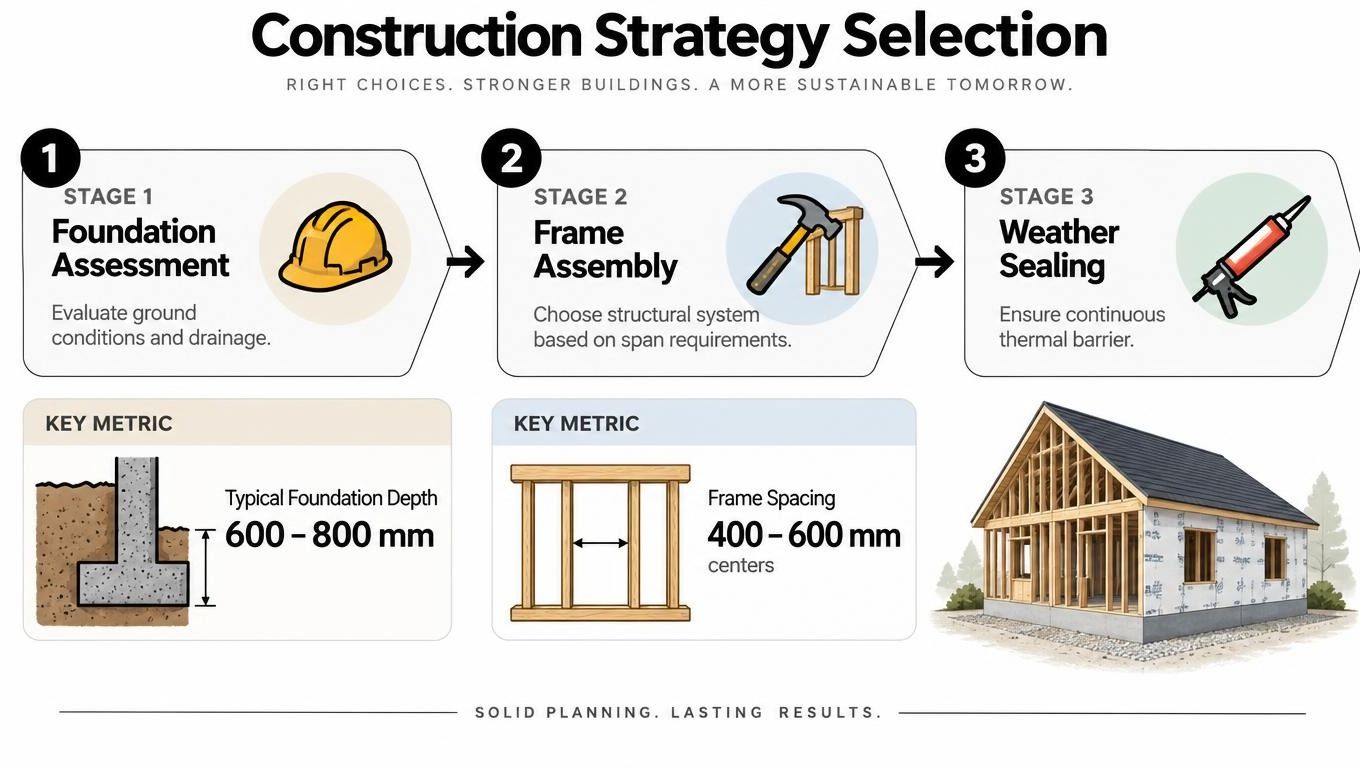 A diagram illustrating the three stages of construction strategy for building a structure, including foundation, framing, and sealing.