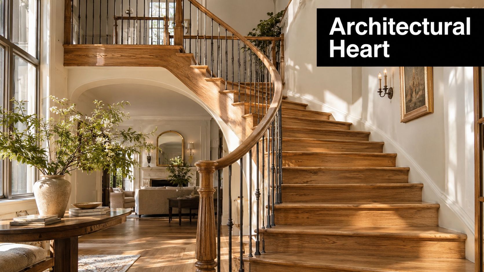 A grand, curved wooden staircase with dark iron railings in a sunlit, elegant residential foyer.