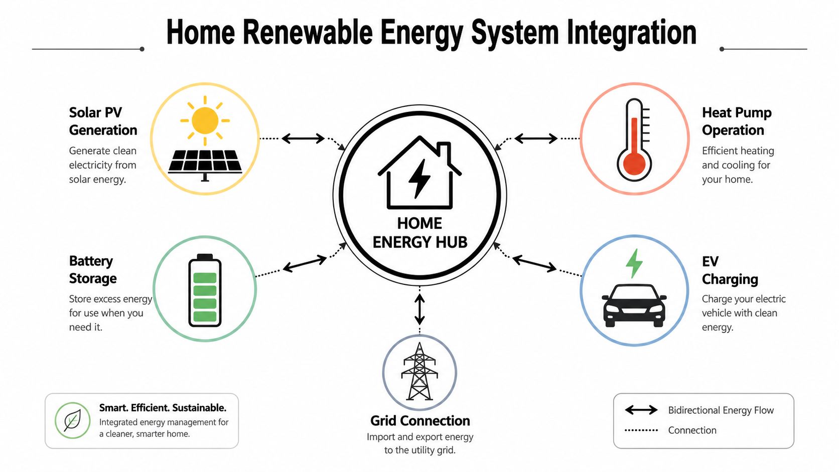 A diagram illustrating a home renewable energy system integration hub connecting solar panels, battery, grid, heat pump, and EV.