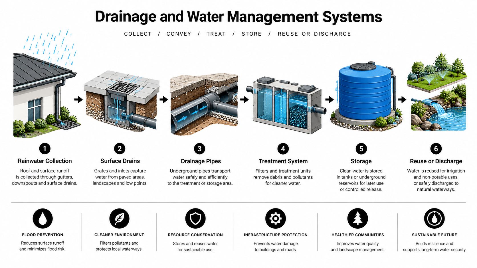 A diagram illustrating the six-step process of drainage and water management systems for sustainable urban infrastructure.