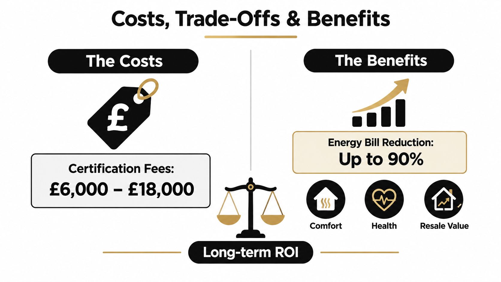 An infographic showing costs, trade-offs, and benefits of building energy efficiency certifications with long-term ROI.