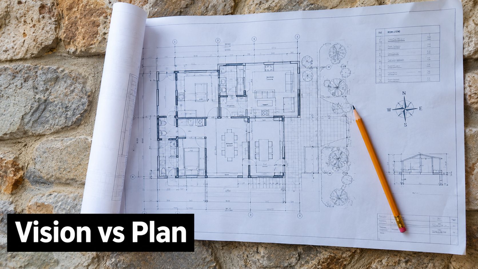 A detailed architectural floor plan drawing with a yellow pencil resting on top of a stone surface.