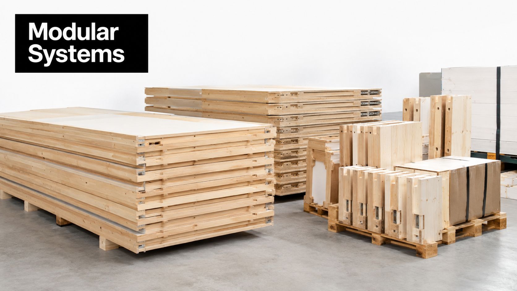 Stacks of wooden construction panels and modular building components arranged on shipping pallets in a warehouse.
