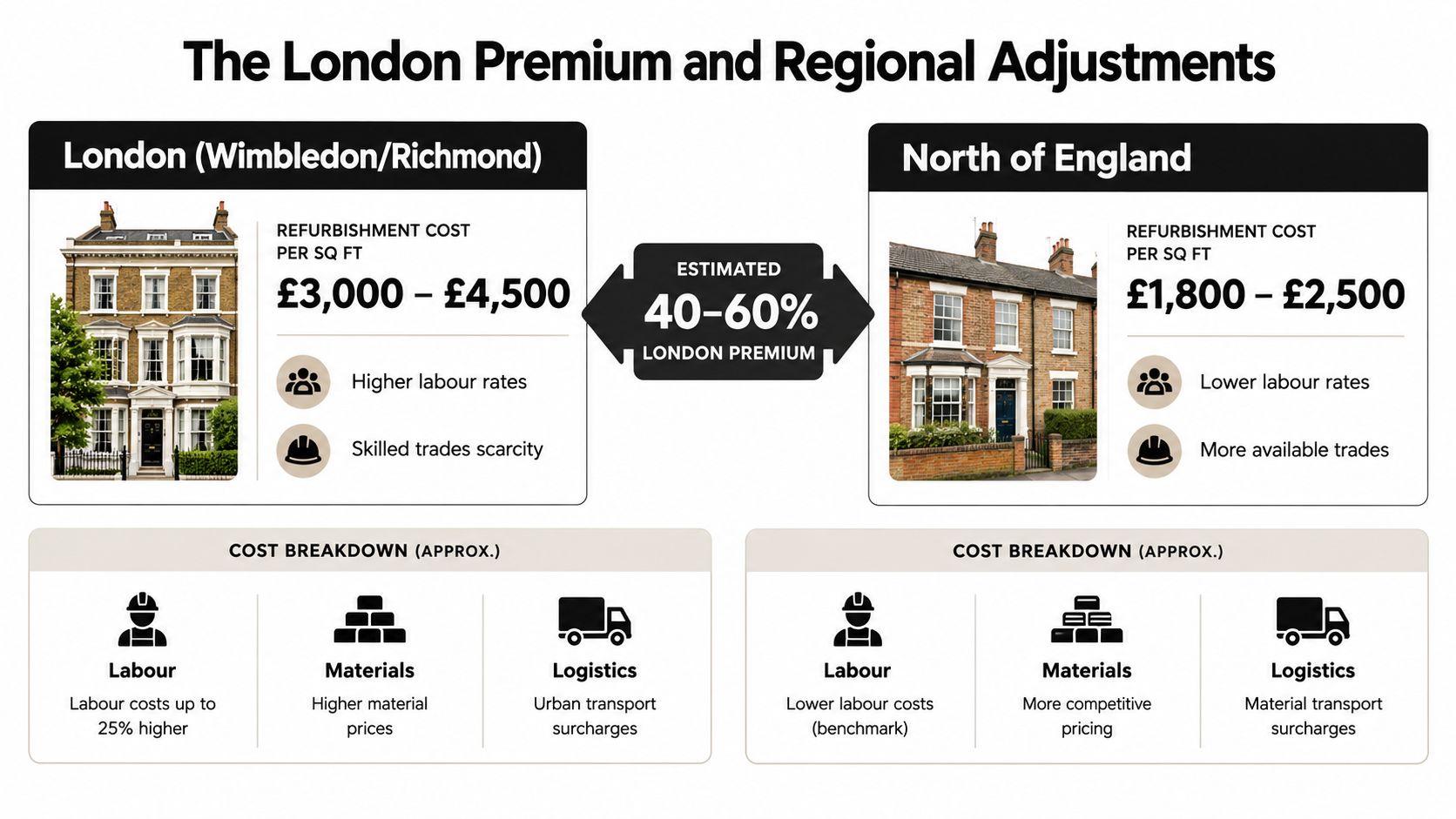 A comparative chart showing the difference in property refurbishment costs per square foot between London and Northern England.