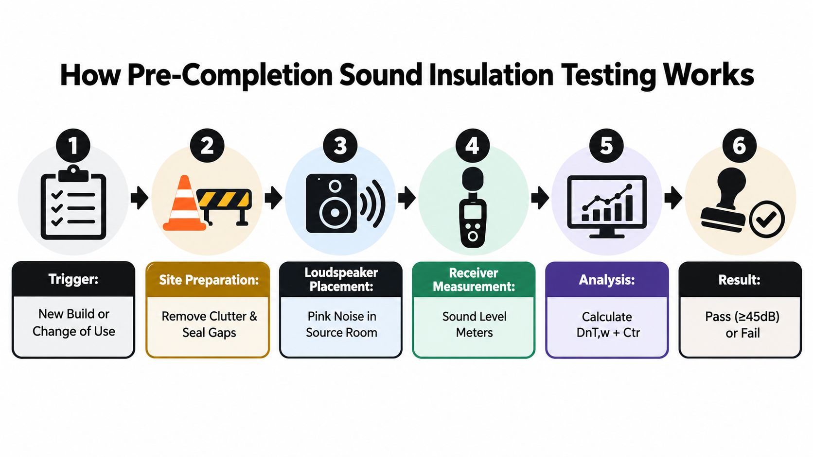 A six-step infographic illustrating the process of pre-completion sound insulation testing in buildings.