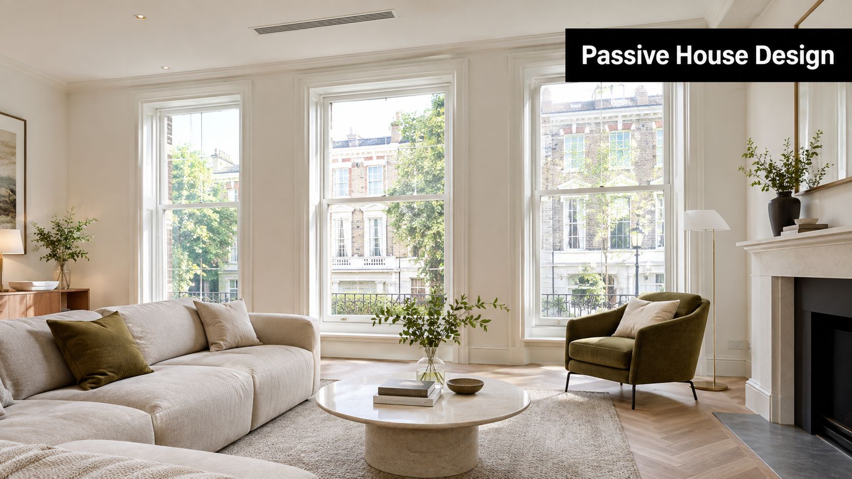 A light-filled living room interior showcasing sustainable architecture with large windows, neutral furniture, and elegant decor.