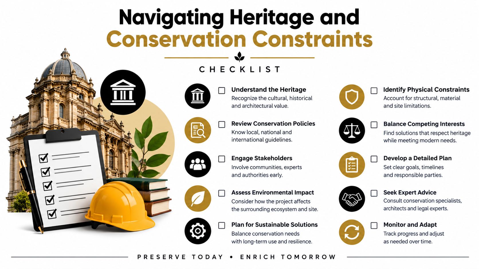 A professional infographic checklist for managing heritage conservation constraints in high-end residential architecture projects.