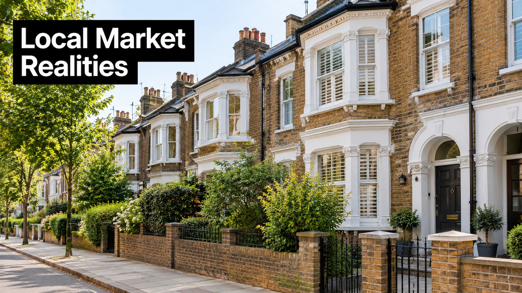A scenic street in South London featuring traditional Victorian terraced houses with brick facades and white trims.