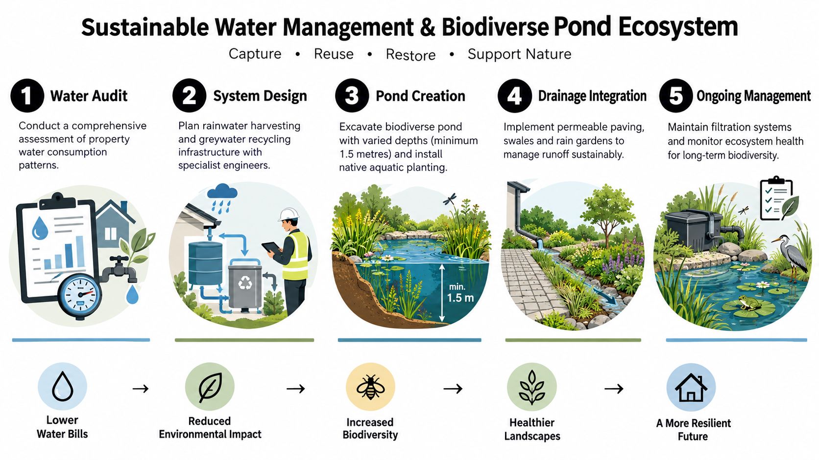 An infographic detailing five steps for sustainable water management including pond creation and rainwater harvesting for landscapes.