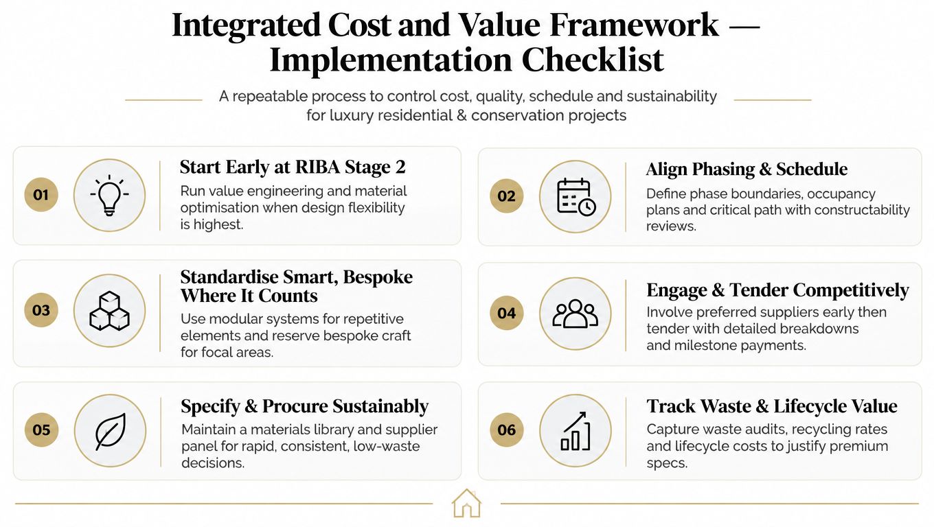An implementation checklist for an integrated cost and value framework for luxury residential and conservation projects.