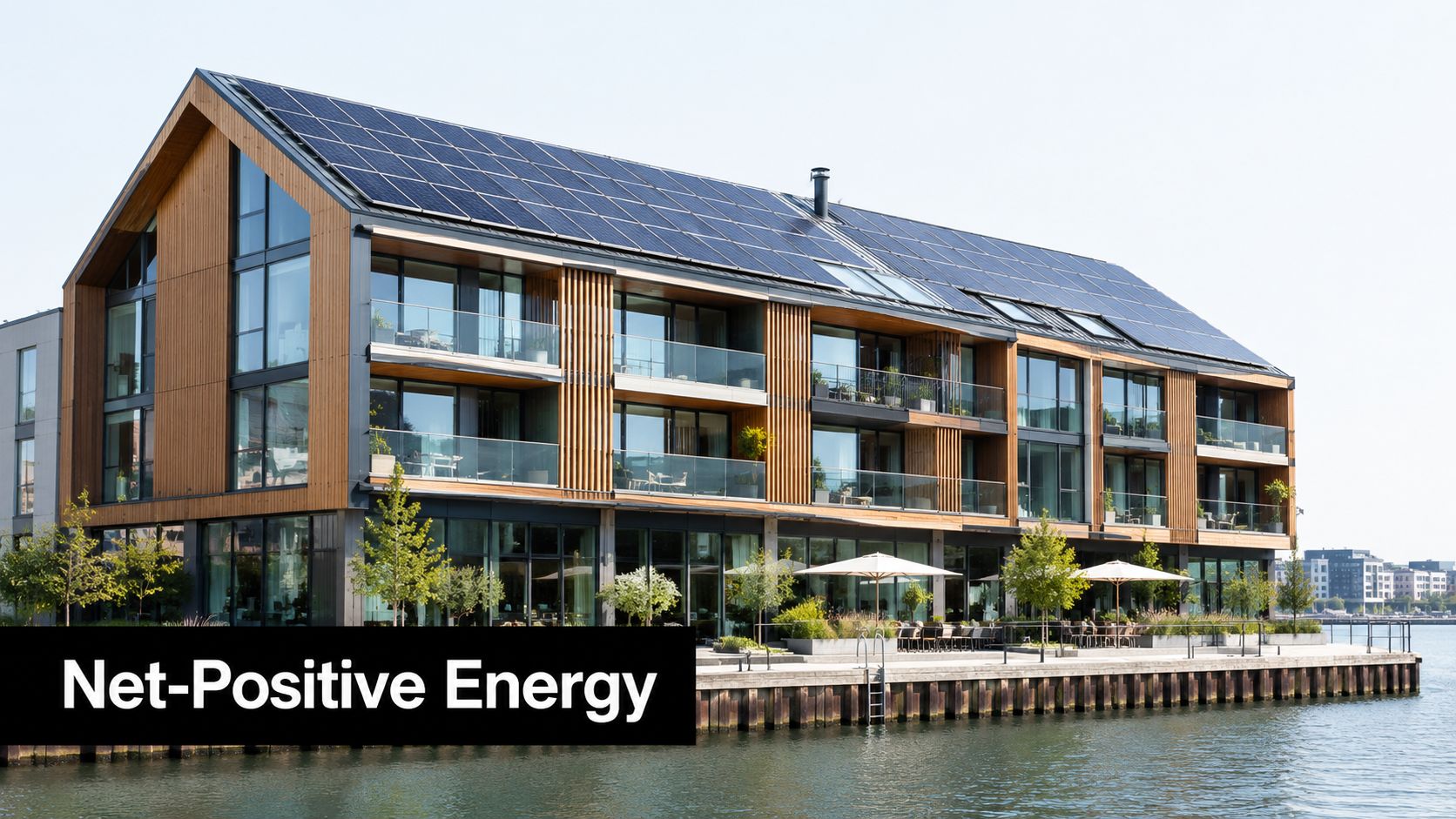 A modern waterfront apartment building featuring wooden cladding and extensive solar panels on the roof.