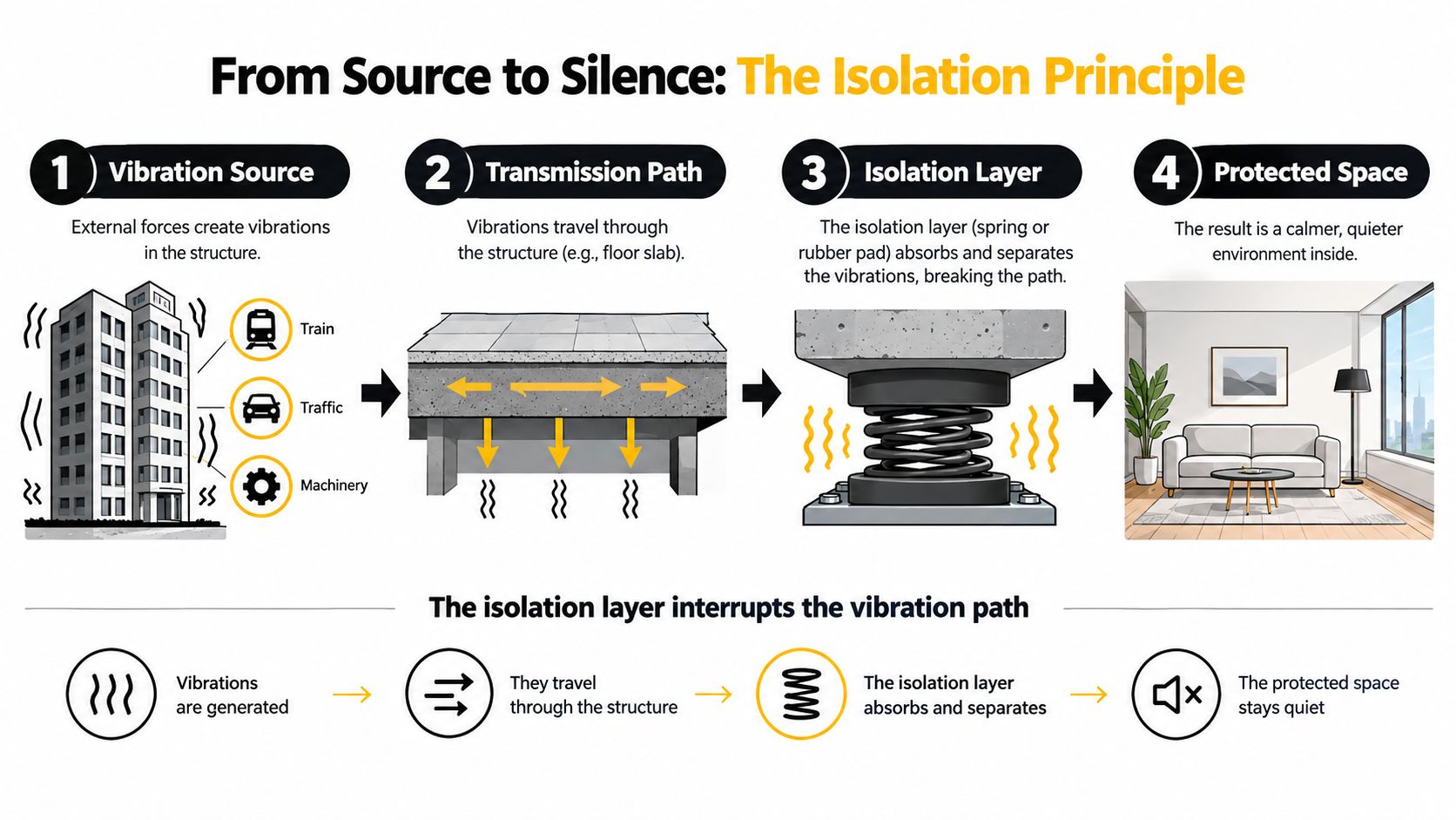 A diagram explaining the vibration isolation principle from vibration source through isolation layer to protected space.
