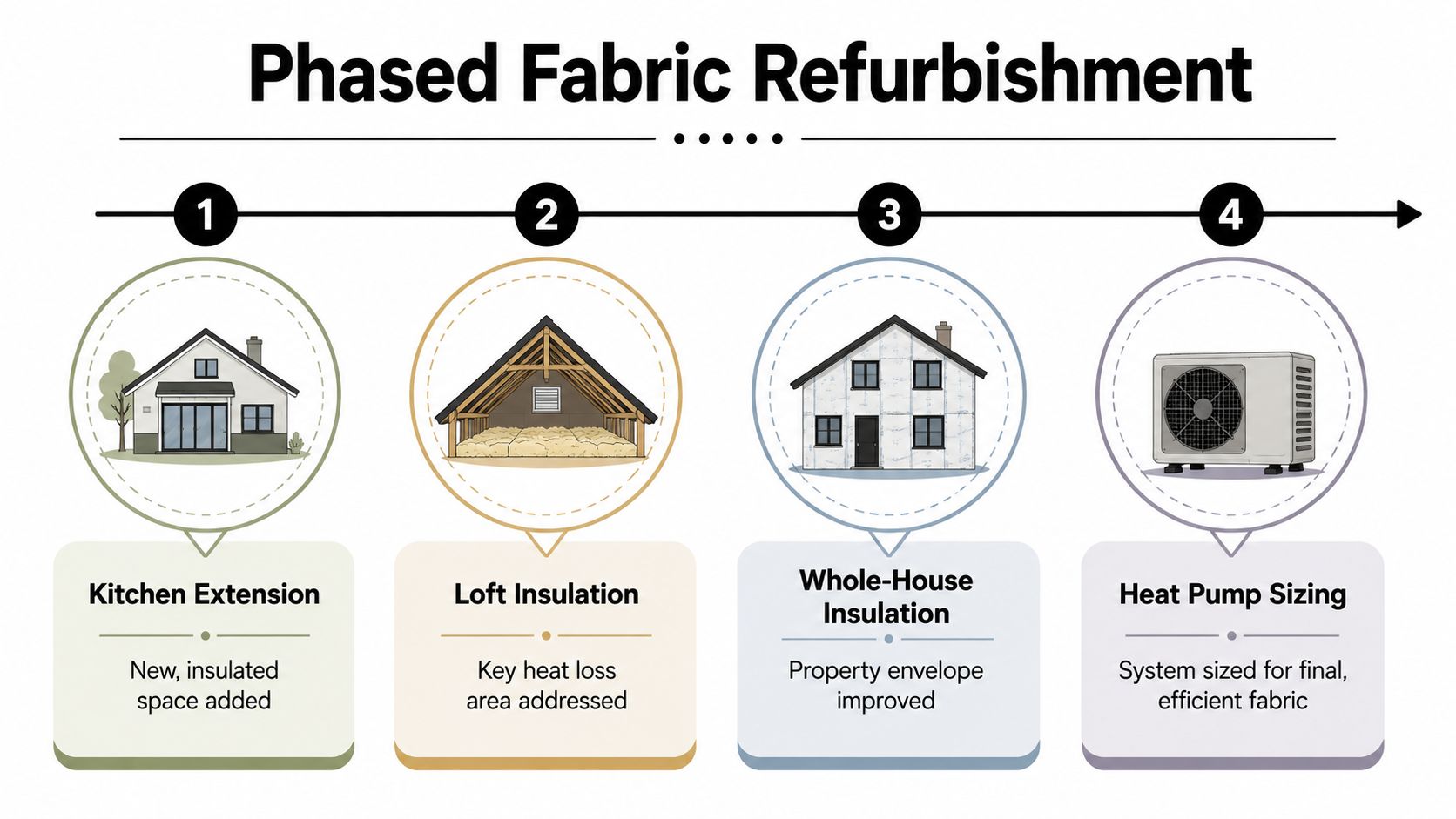 A four-step infographic illustrating a phased fabric refurbishment process for a house, starting with kitchen extension through to heat pump sizing.