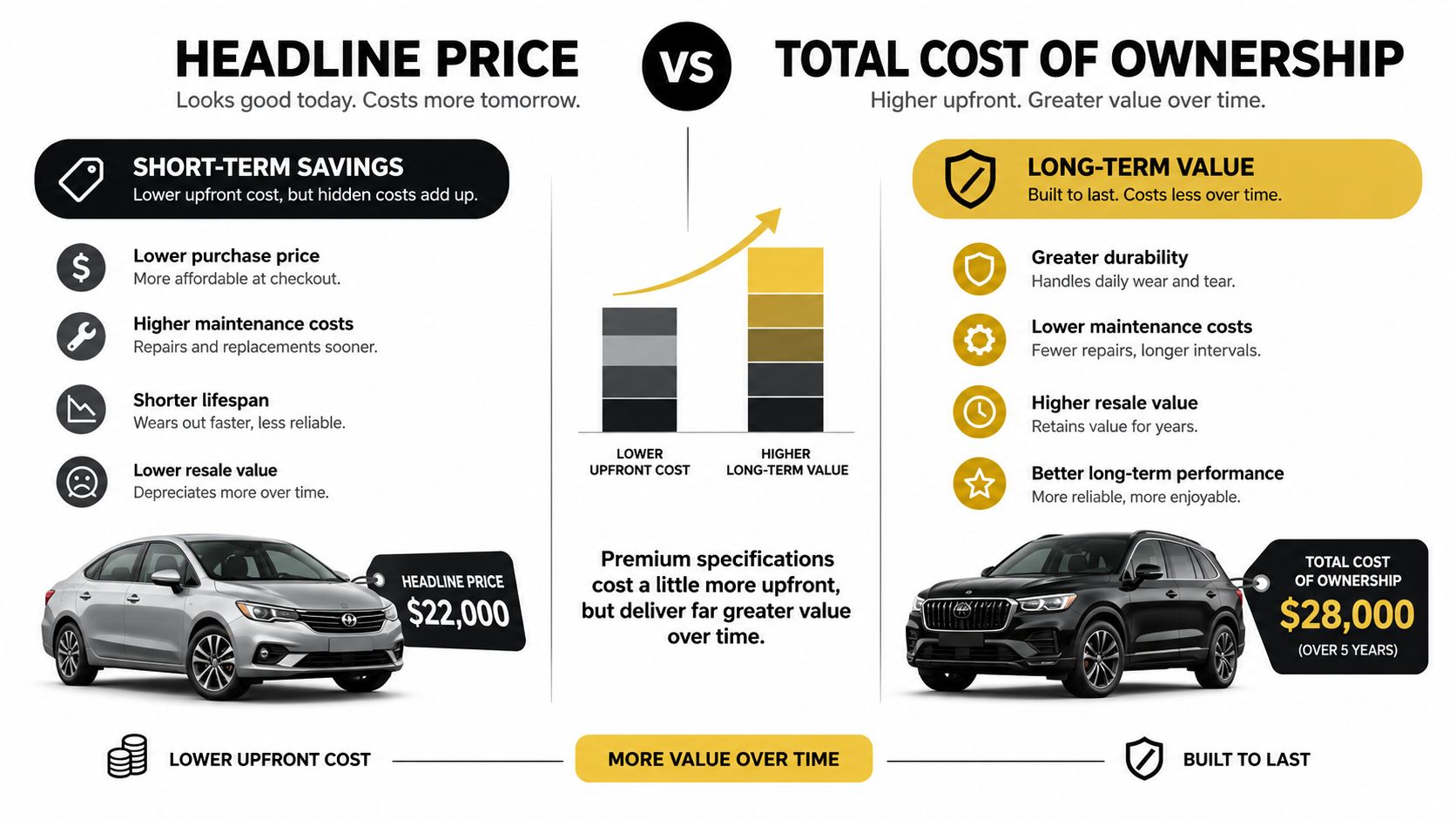 A comparison infographic between lower upfront headline prices and long-term total cost of ownership for vehicles.