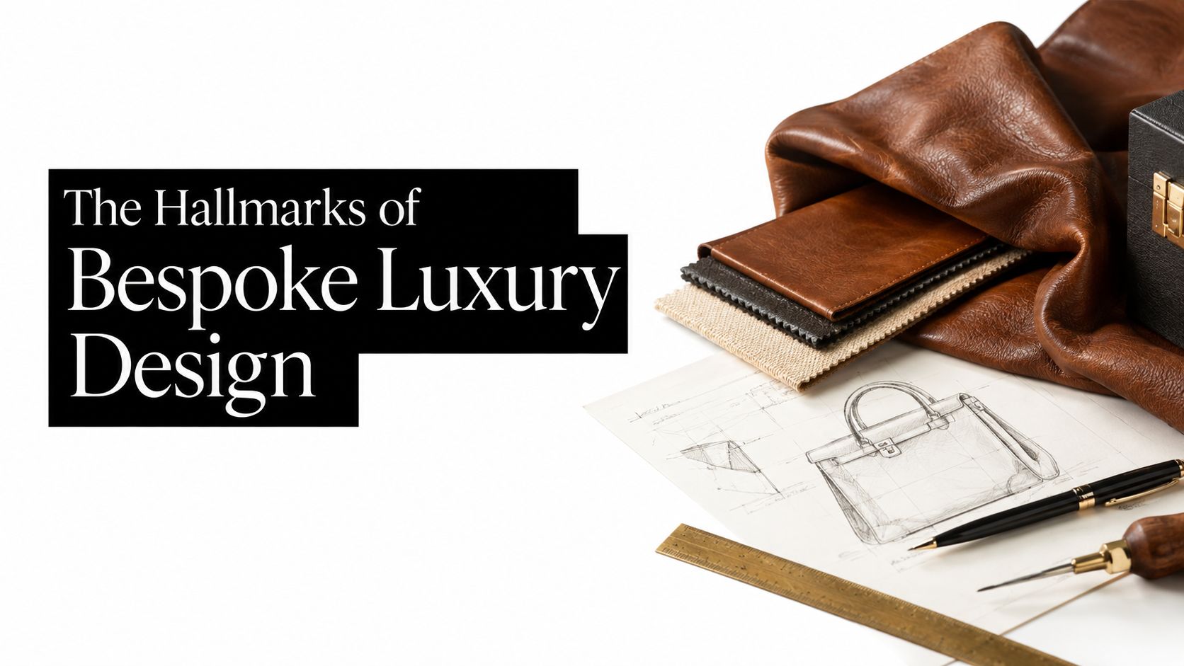 A close up of leather materials, a handbag sketch, and crafting tools for bespoke luxury design.