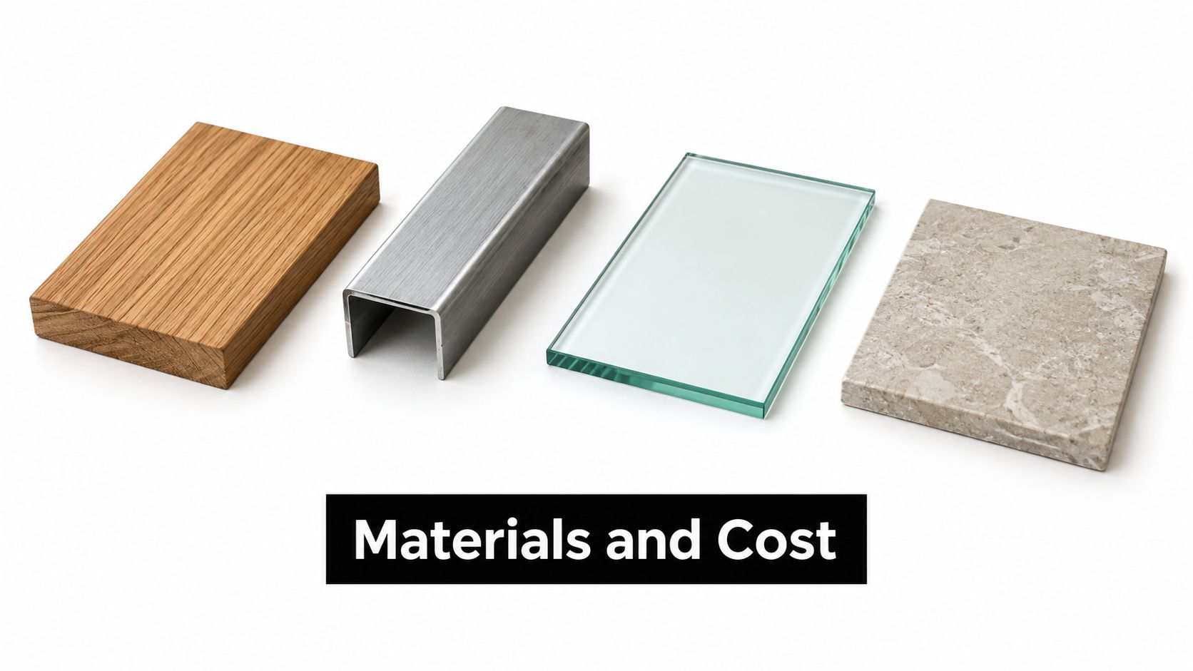 Four different construction material samples including wood, metal, glass, and stone for bespoke staircase design project.