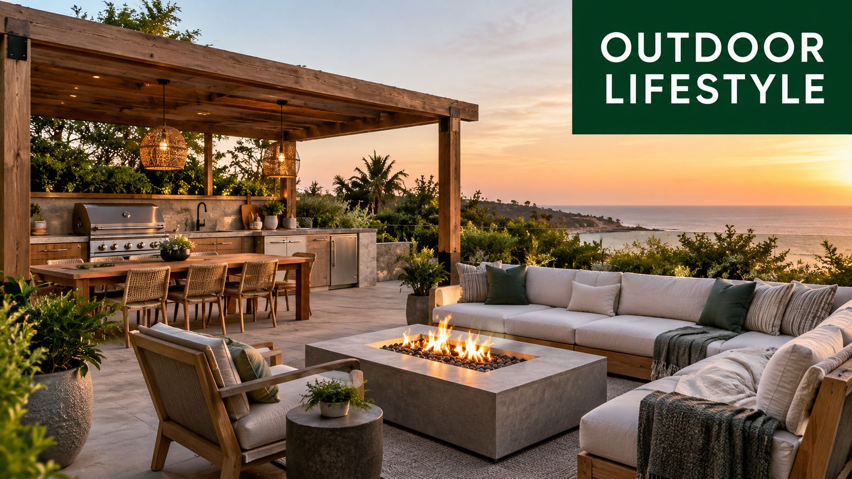 A luxurious outdoor living space featuring a modern kitchen, dining area, and cozy fire pit seating.