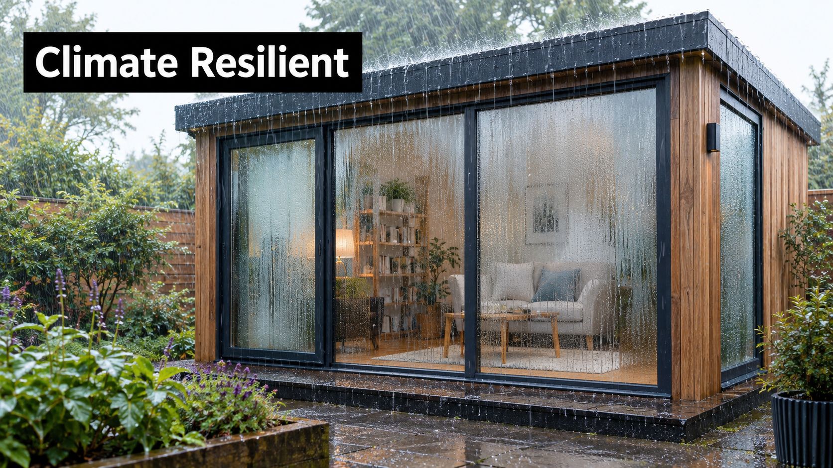 A modern, climate-resilient garden room with floor-to-ceiling windows viewed during a heavy rainstorm in a garden.