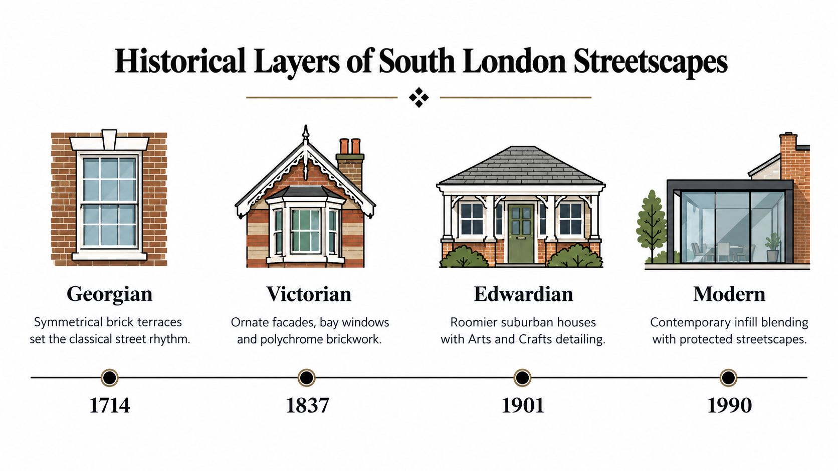 A timeline illustration titled Historical Layers of South London Streetscapes showing Georgian, Victorian, Edwardian, and Modern house styles.