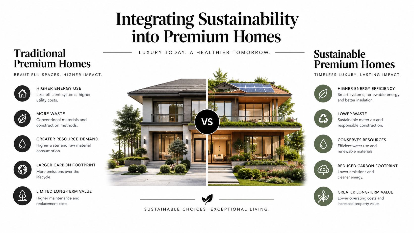 A side-by-side comparison of traditional and sustainable luxury home architecture, highlighting energy efficiency, waste, and resource conservation.