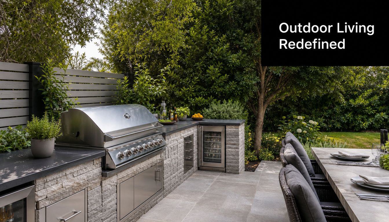 A luxurious outdoor kitchen area featuring a stainless steel grill, stone counters, and elegant patio dining furniture.
