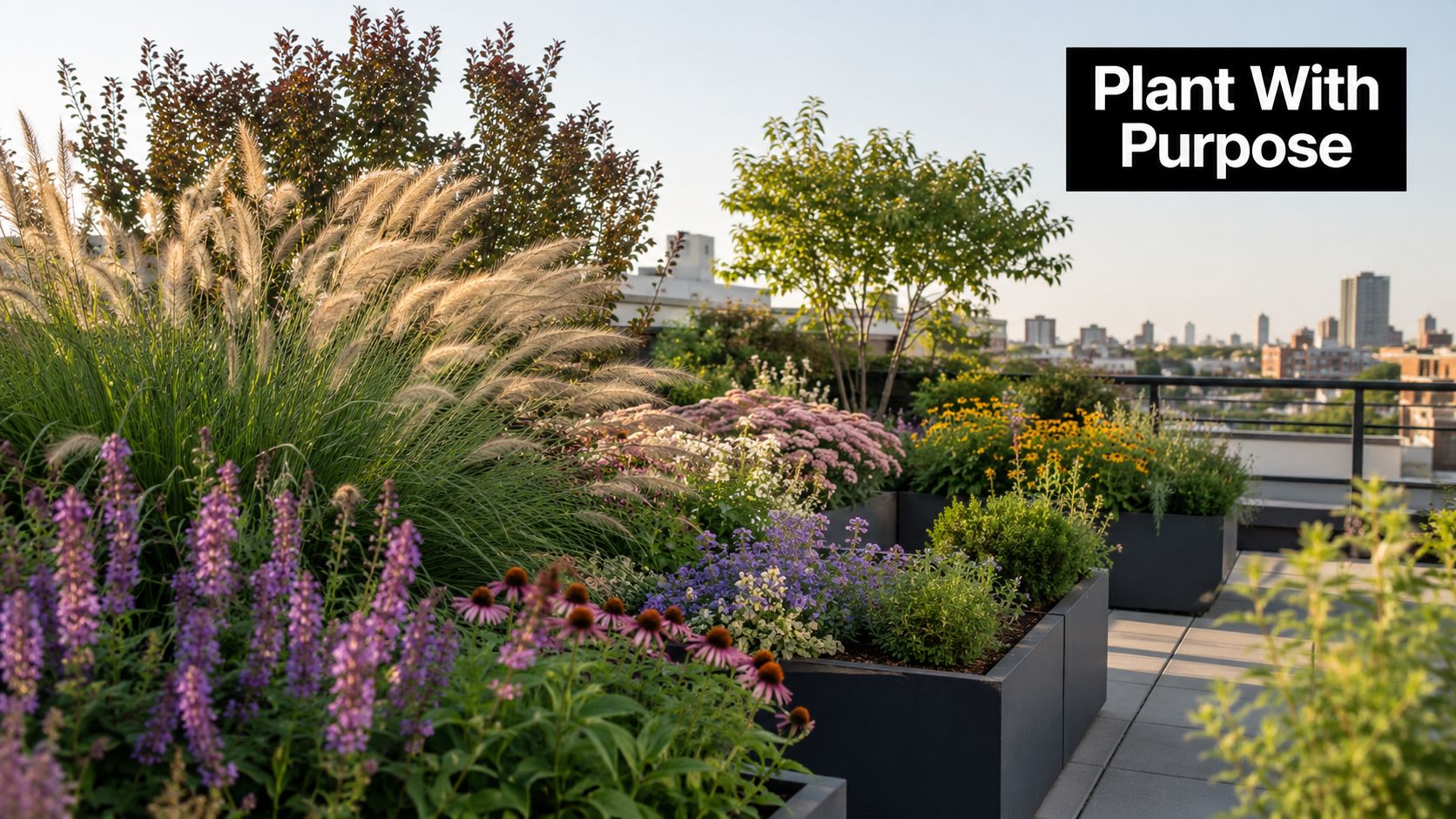 A vibrant rooftop terrace garden featuring tall grasses, colorful flowers, and modern planters with city skyline views.