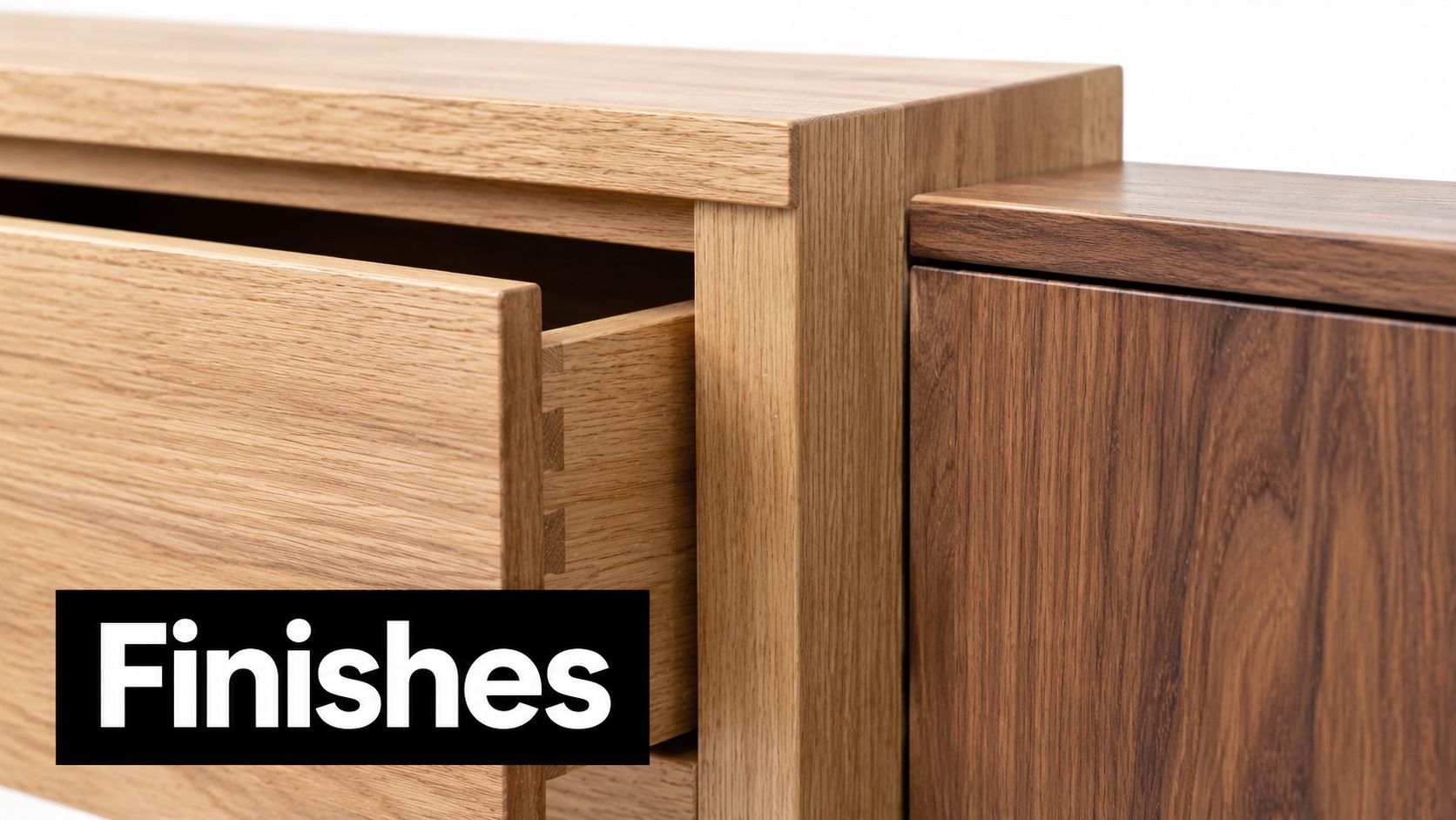 Close-up of wooden furniture showing oak and walnut finishes, highlighting craftsmanship and high-end residential interior design details.