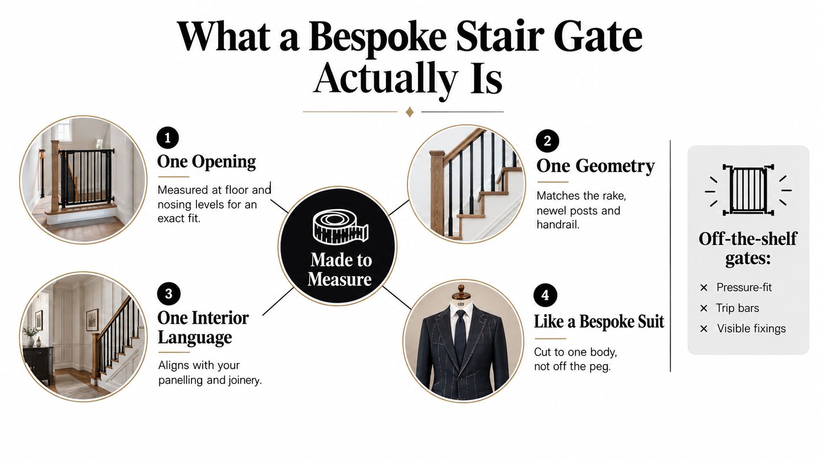 An infographic explaining the benefits of bespoke stair gates, highlighting custom design features compared to standard pressure-fit gates.