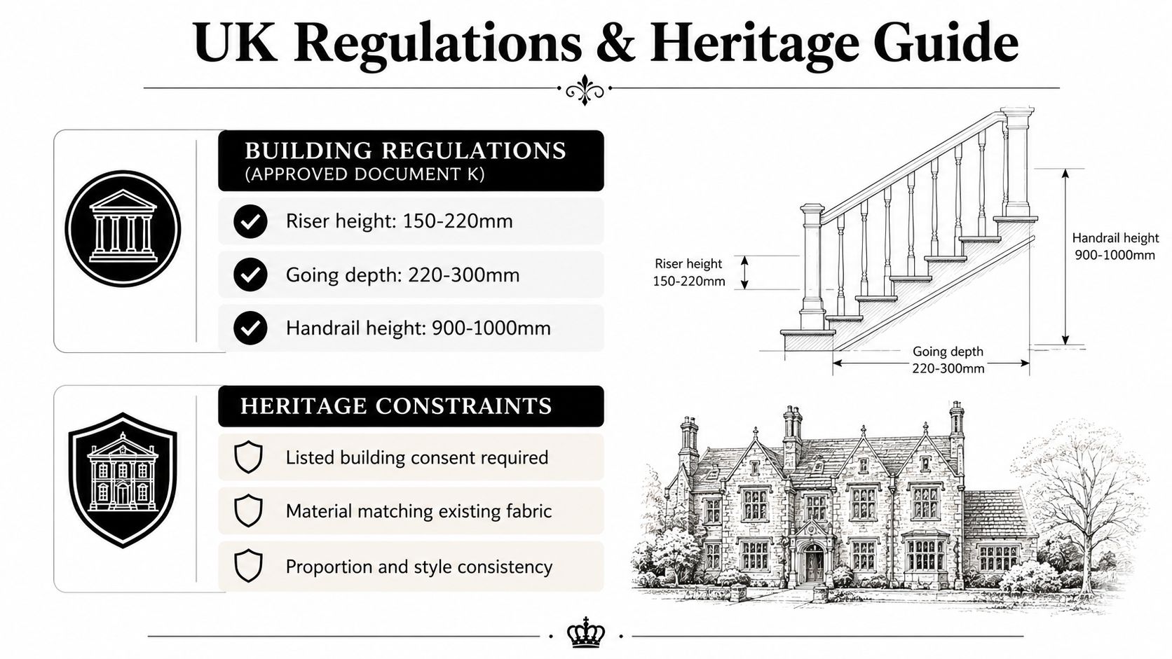 An infographic showing UK building regulations and heritage constraints for designing and constructing safe, period-compliant staircases.