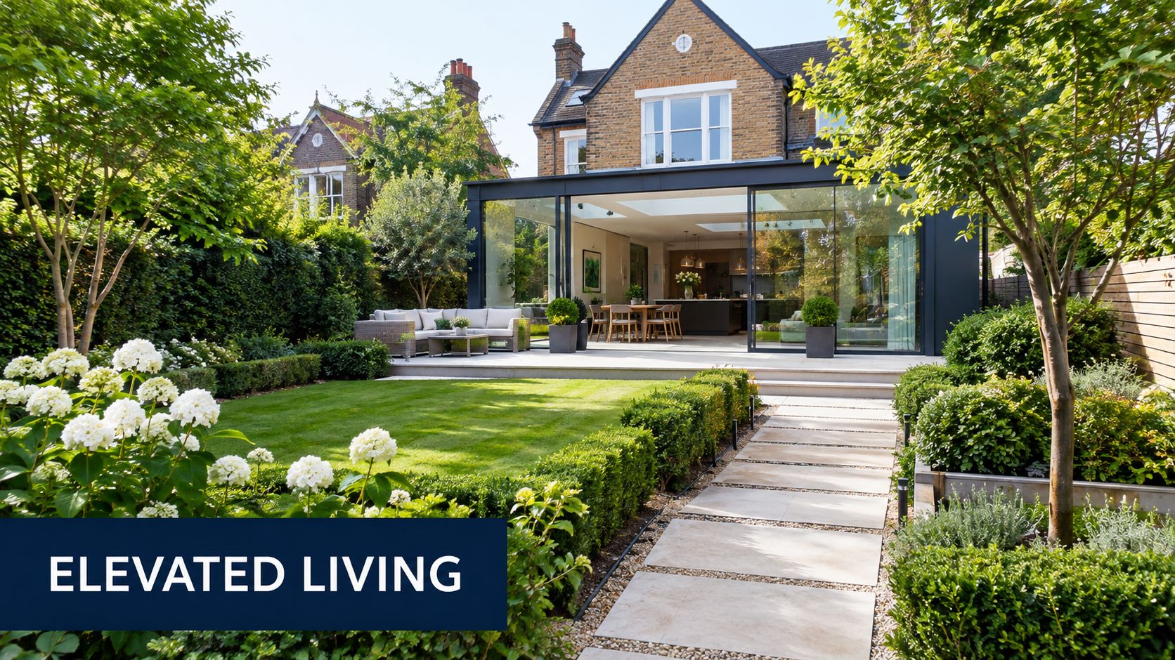 A modern glass home extension blends seamlessly with a manicured garden featuring lush green lawn and pathways.