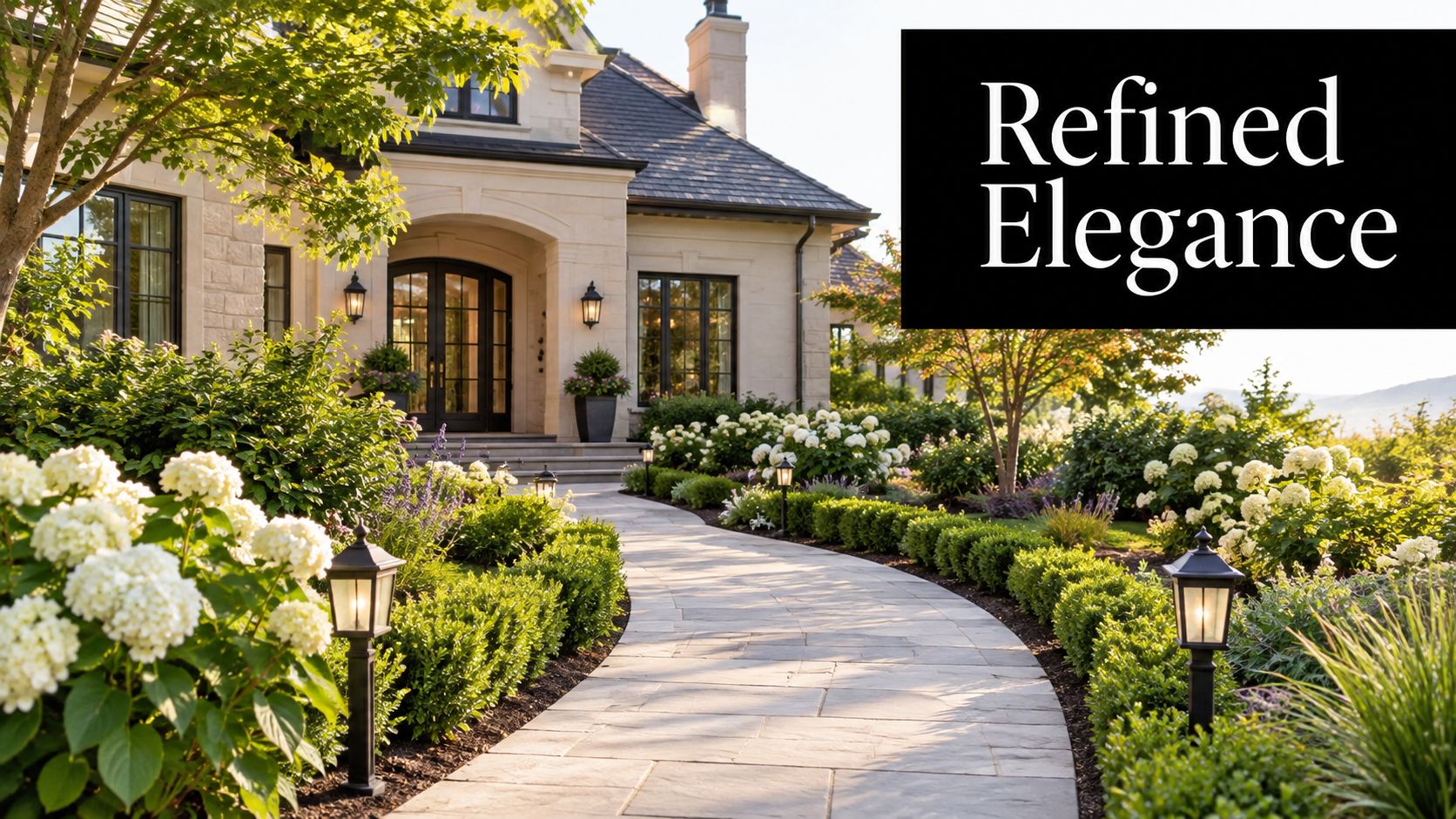A luxurious house exterior with a paved walkway, manicured hedges, and blooming hydrangea bushes in the front garden.