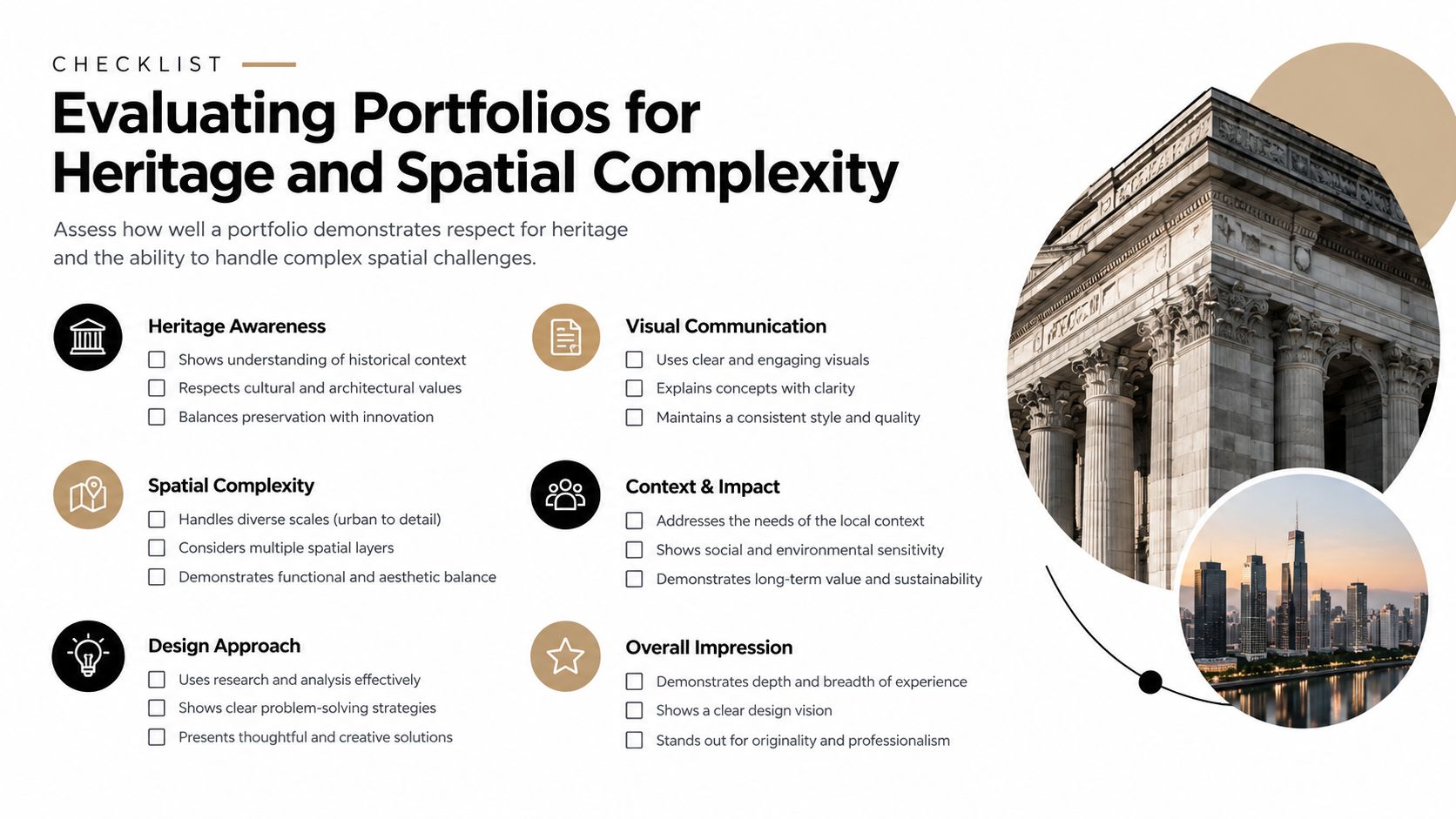 A comprehensive checklist for evaluating architectural portfolios focusing on heritage awareness and complex spatial design challenges.